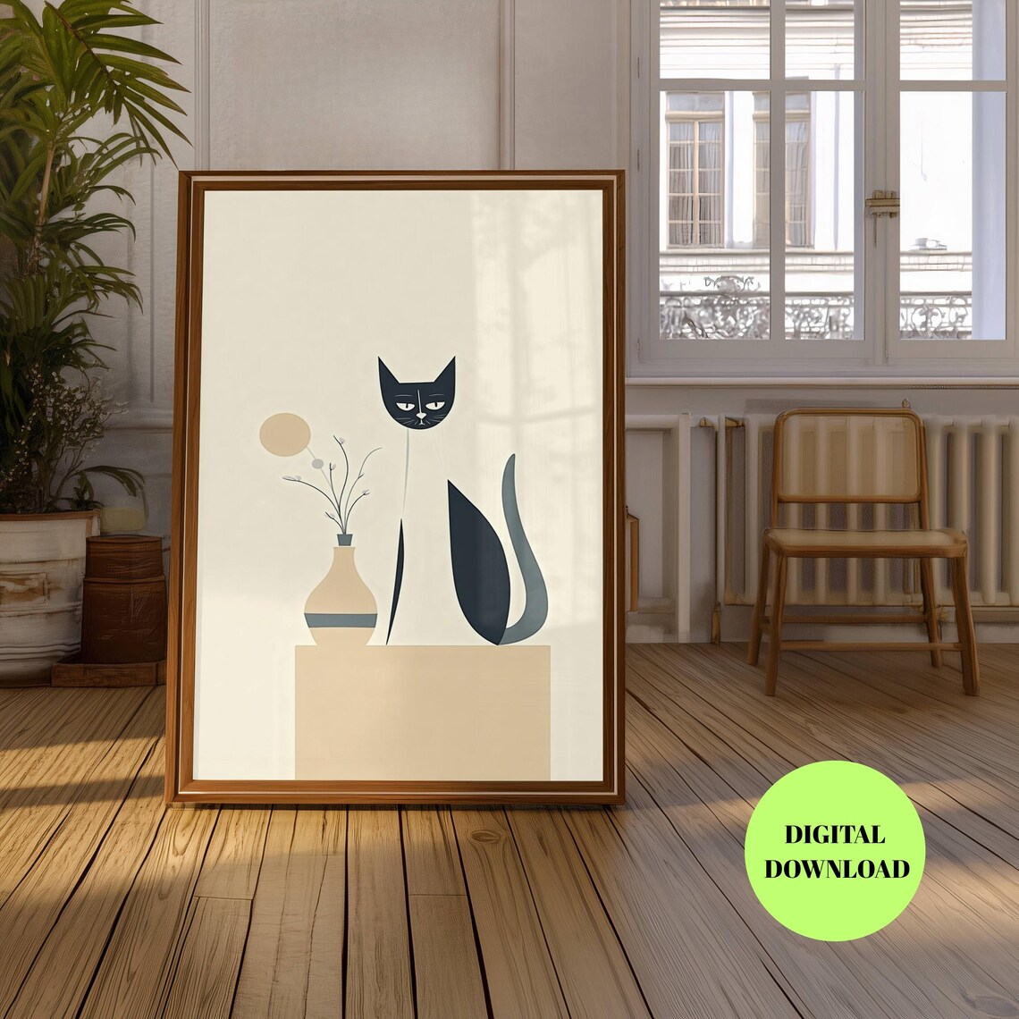 Minimalist Cat Illustration With Vase, Mid-Century
