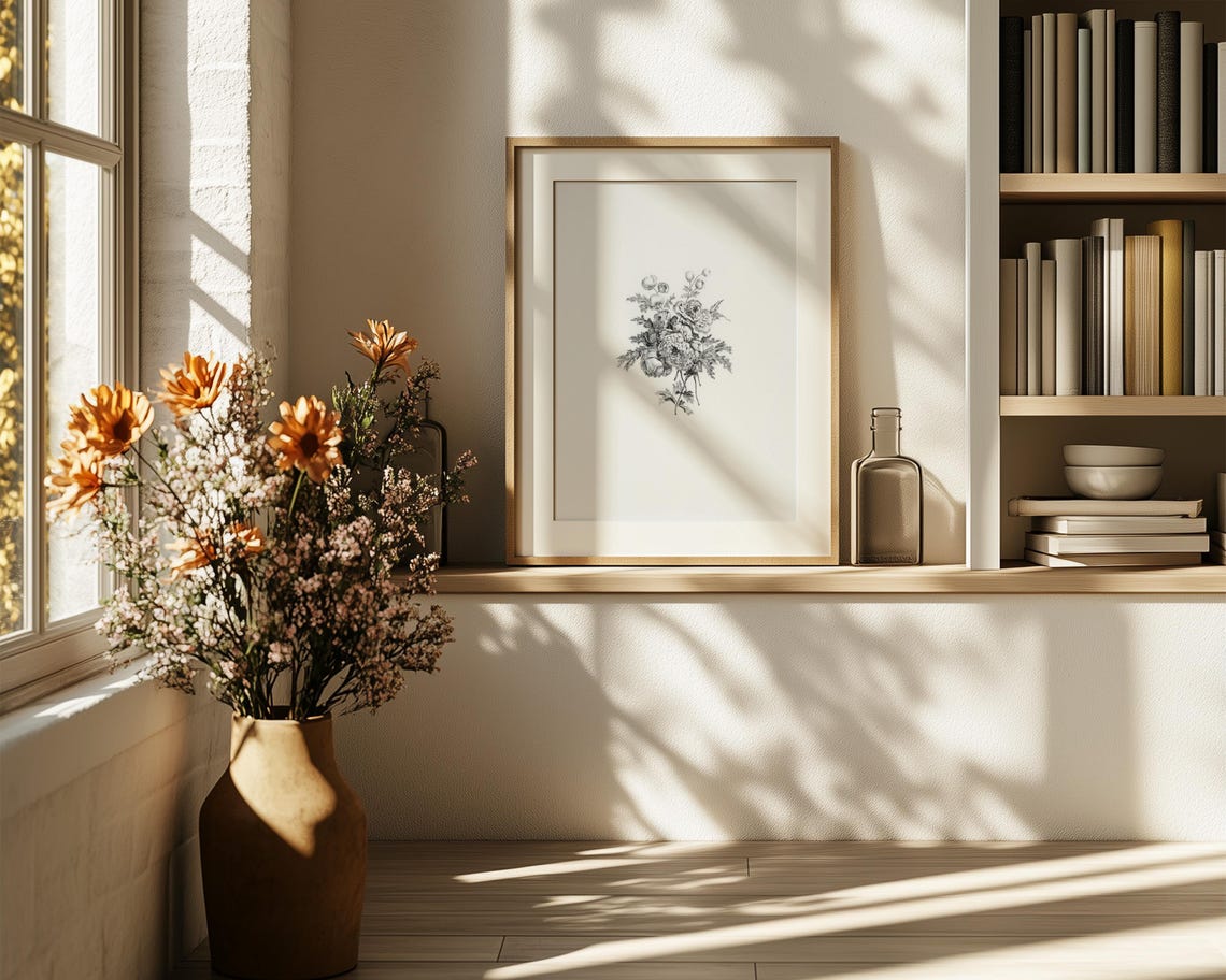 Vintage Monochrome Botanical Ink Sketch Mixed Flower Bouquet Poster - Image 6