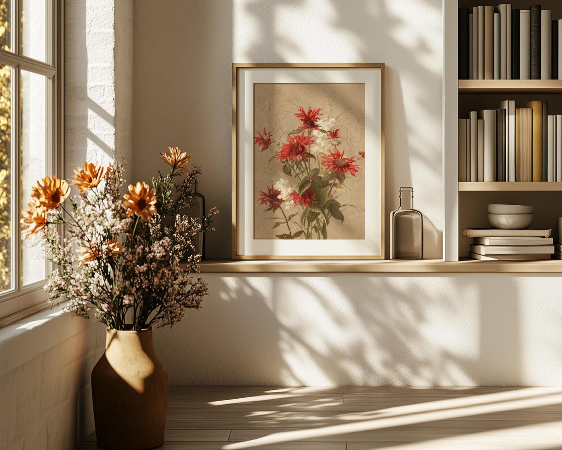 Scarlet Bee Balm Wildflowers on Warm Tan Botanical Art Poster - Image 6