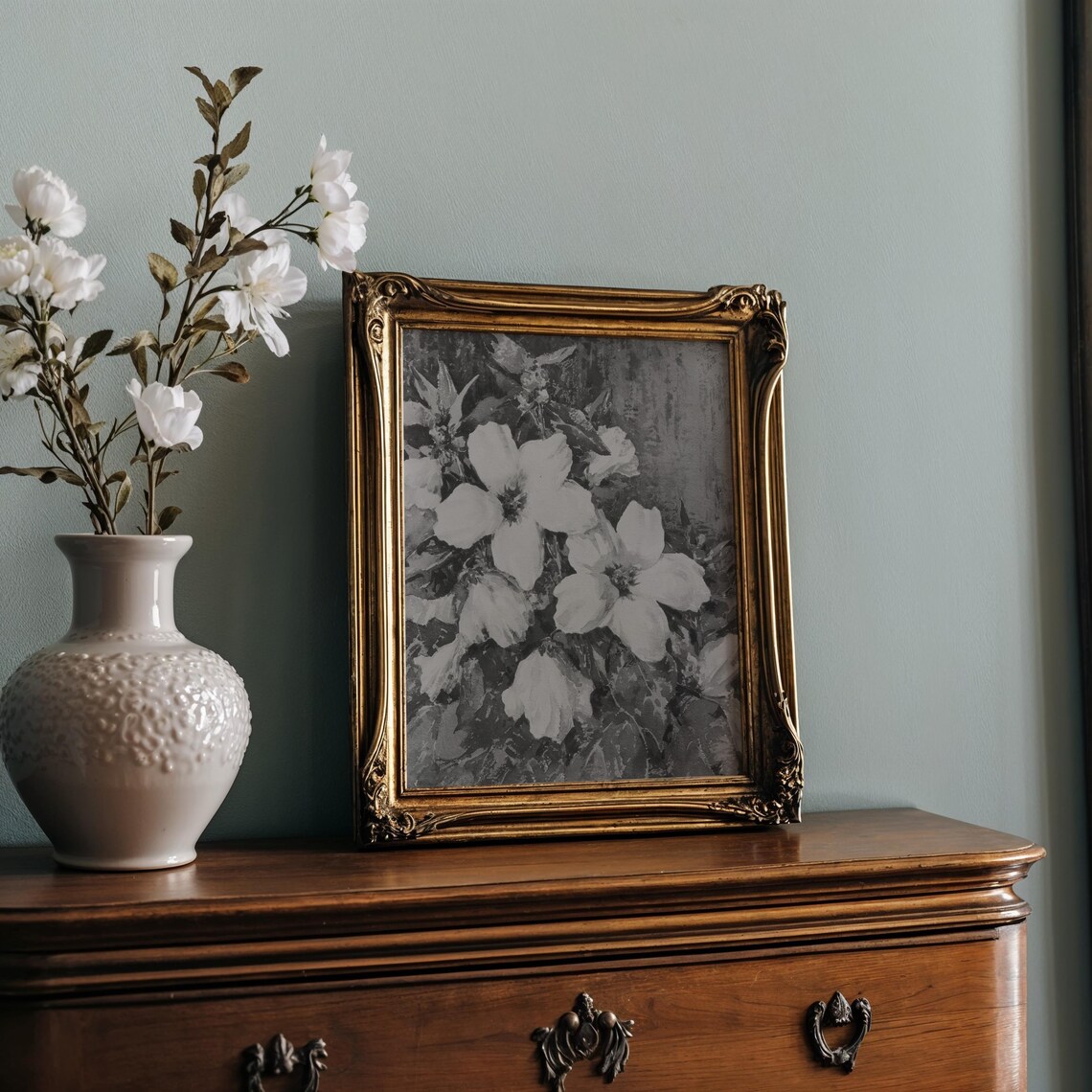 White Poppy Blooms Monochrome Vintage Floral Painting Poster - Image 2