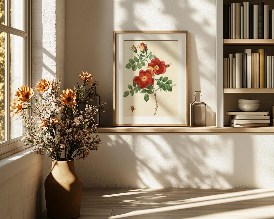 Red Wild Rose Botanical Study With Hips And Thorns Vintage Print - Image 6