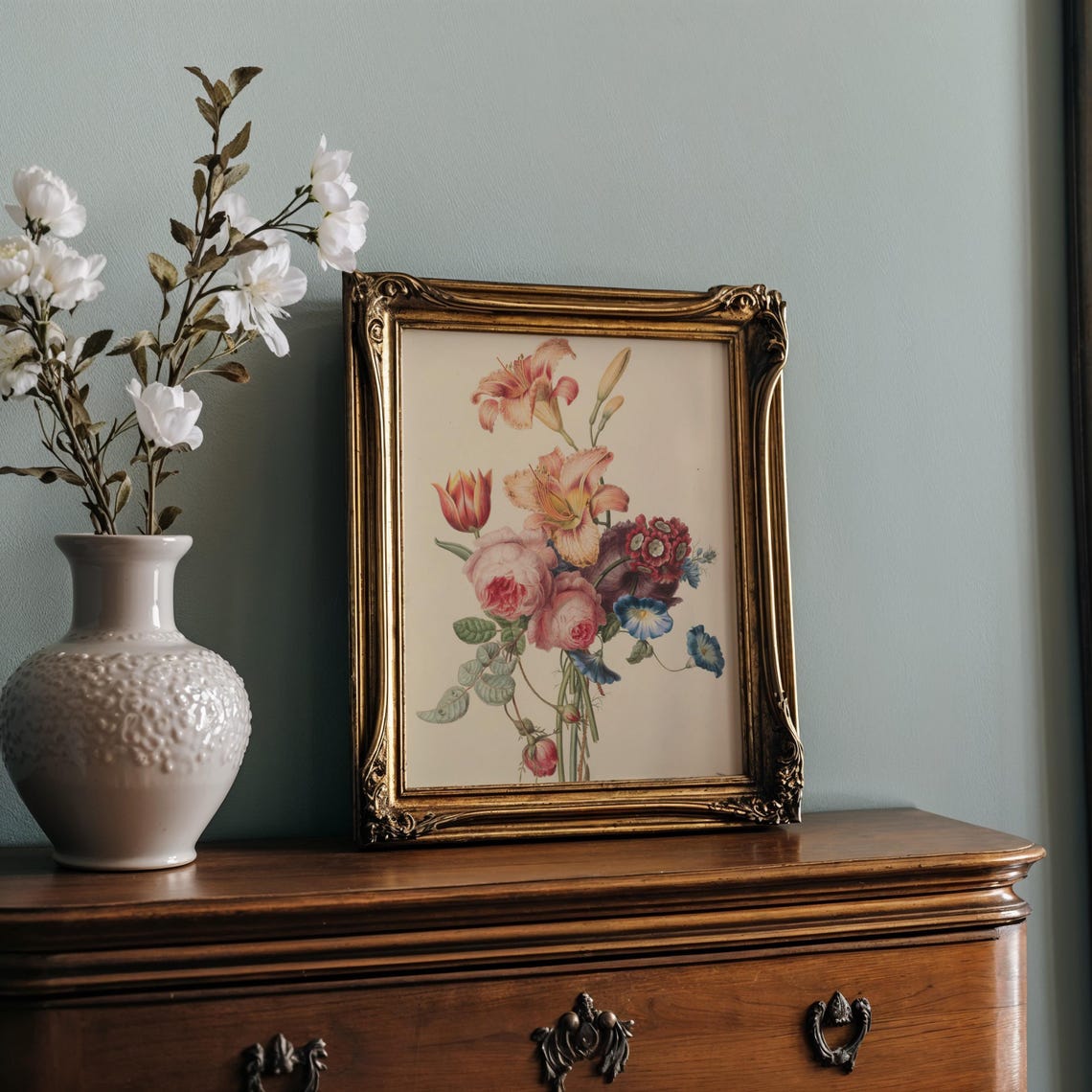Mixed Bouquet with Roses Daylily and Morning Glory Floral Poster - Image 2