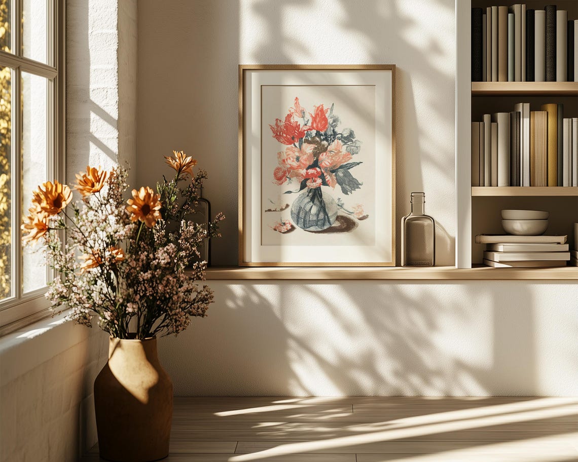 Red Tulips And Carnations In A Glass Vase Vintage Bouquet Print - Image 6