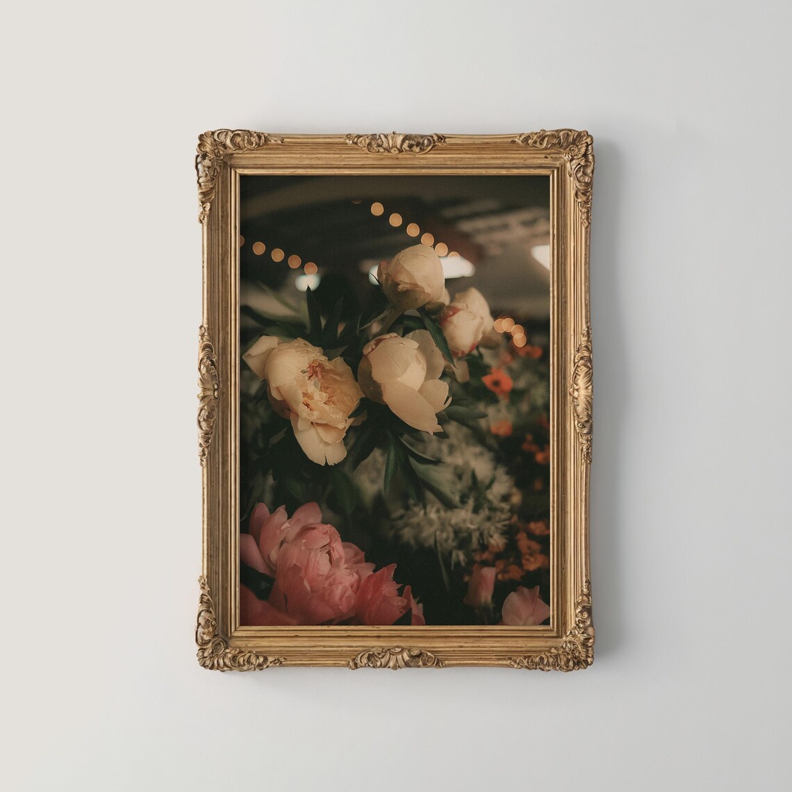 Cream And Pink Peonies With Evening Lights Moody Photograph Print