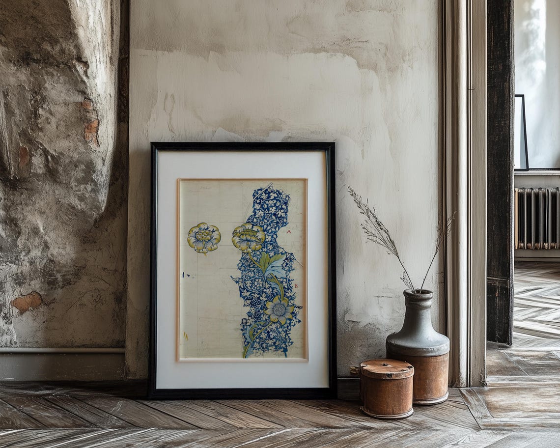 William Morris Style Blue Floral Column Design Study Art Poster - Image 3