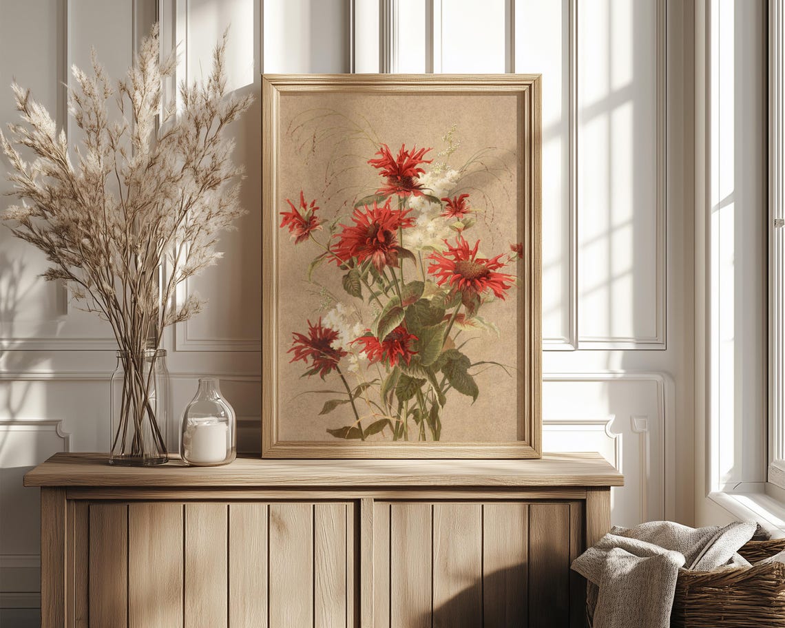 Scarlet Bee Balm Wildflowers on Warm Tan Botanical Art Poster - Image 4