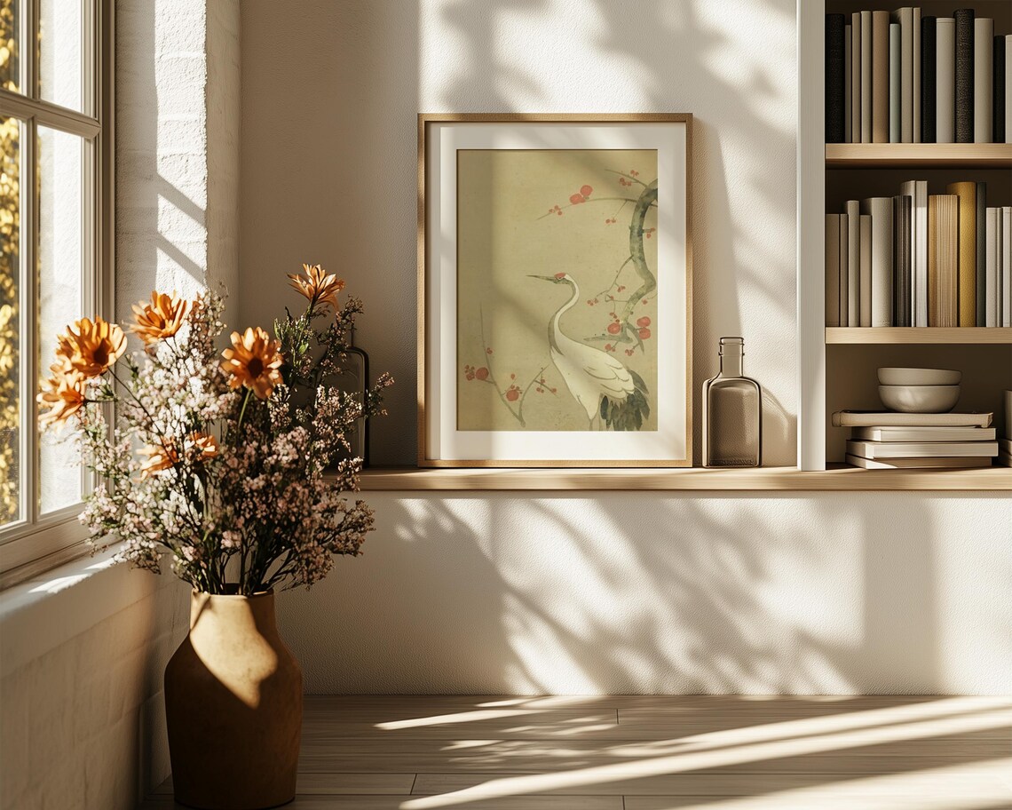 Japanese Crane Red Plum Blossom Branch Watercolor Art Poster - Image 6
