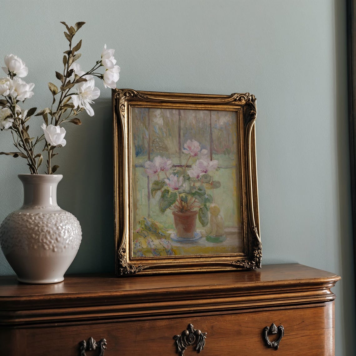 Pink Cyclamen Pot on Windowsill in Soft Watercolor Art Poster - Image 2
