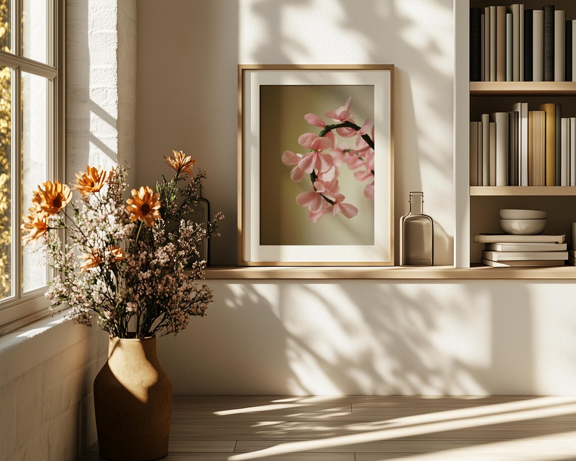 Pink Cherry Blossom Branch Moody Floral Photography Wall Print - Image 6