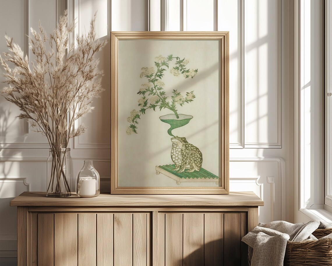 Japanese Woodblock Frog Blowing Floral Vase Whimsical Art Poster - Image 4