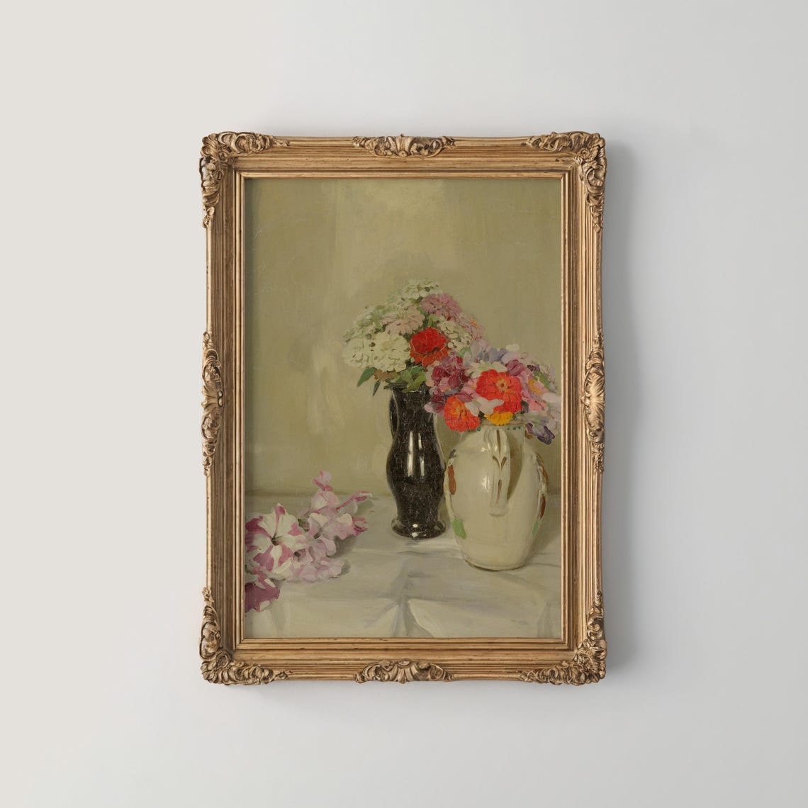 Tabletop Flower Still Life with Ceramic Jug Black Vase Poster