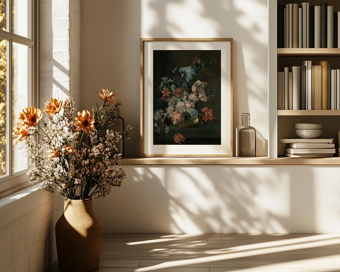 Blue Iris and Parrot Tulip Dark Floral Still Life Painting Poster - Image 6