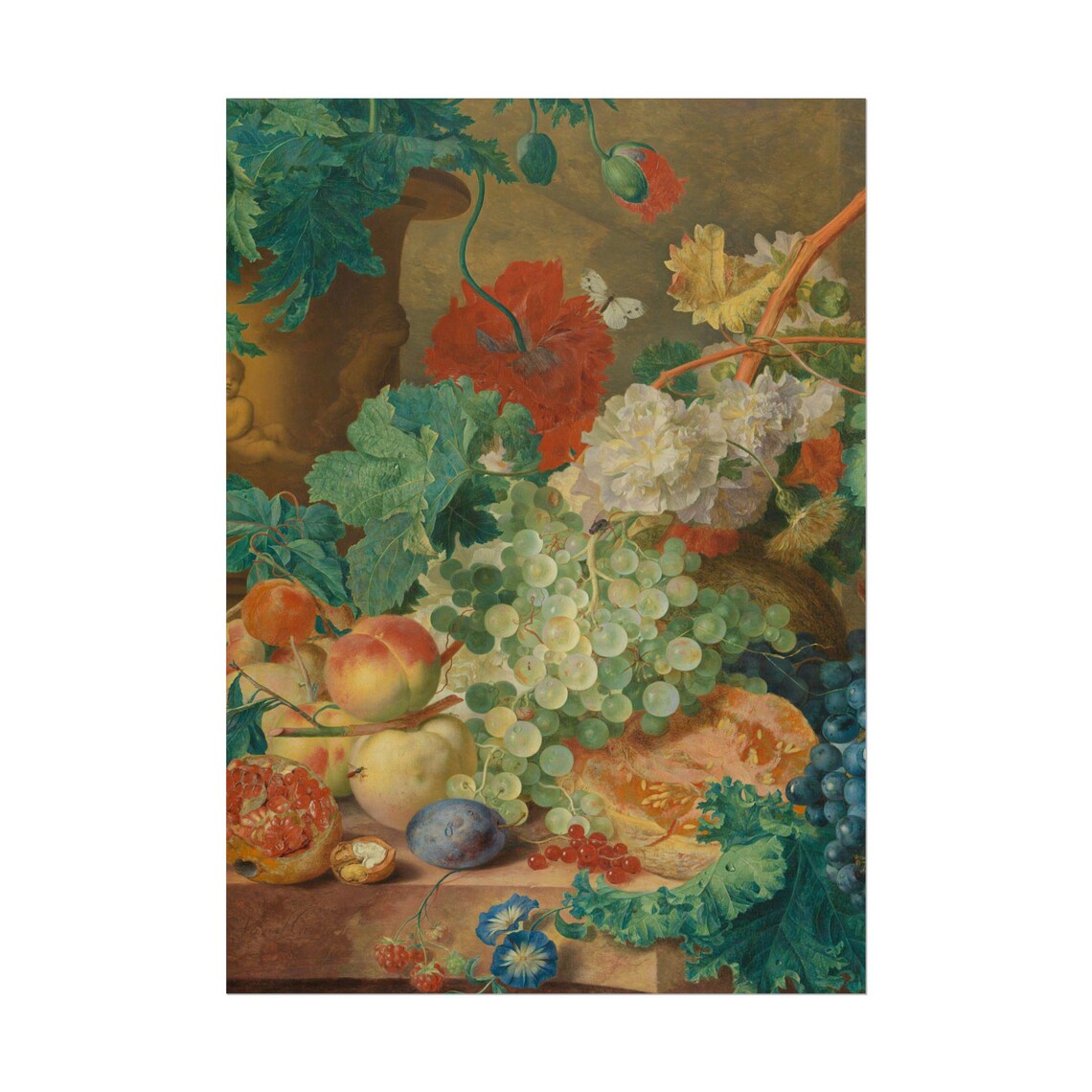 Grapes Peaches and Poppies Lush Fruit and Flower Still Life Poster