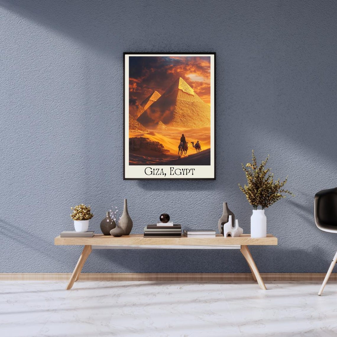 Giza Egypt Poster with Great Pyramids and Camel Caravan at Sunset - Image 3