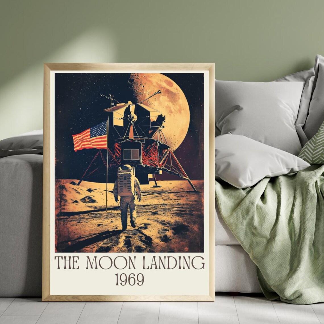 The Moon Landing 1969 Poster with Apollo Lander and Astronaut