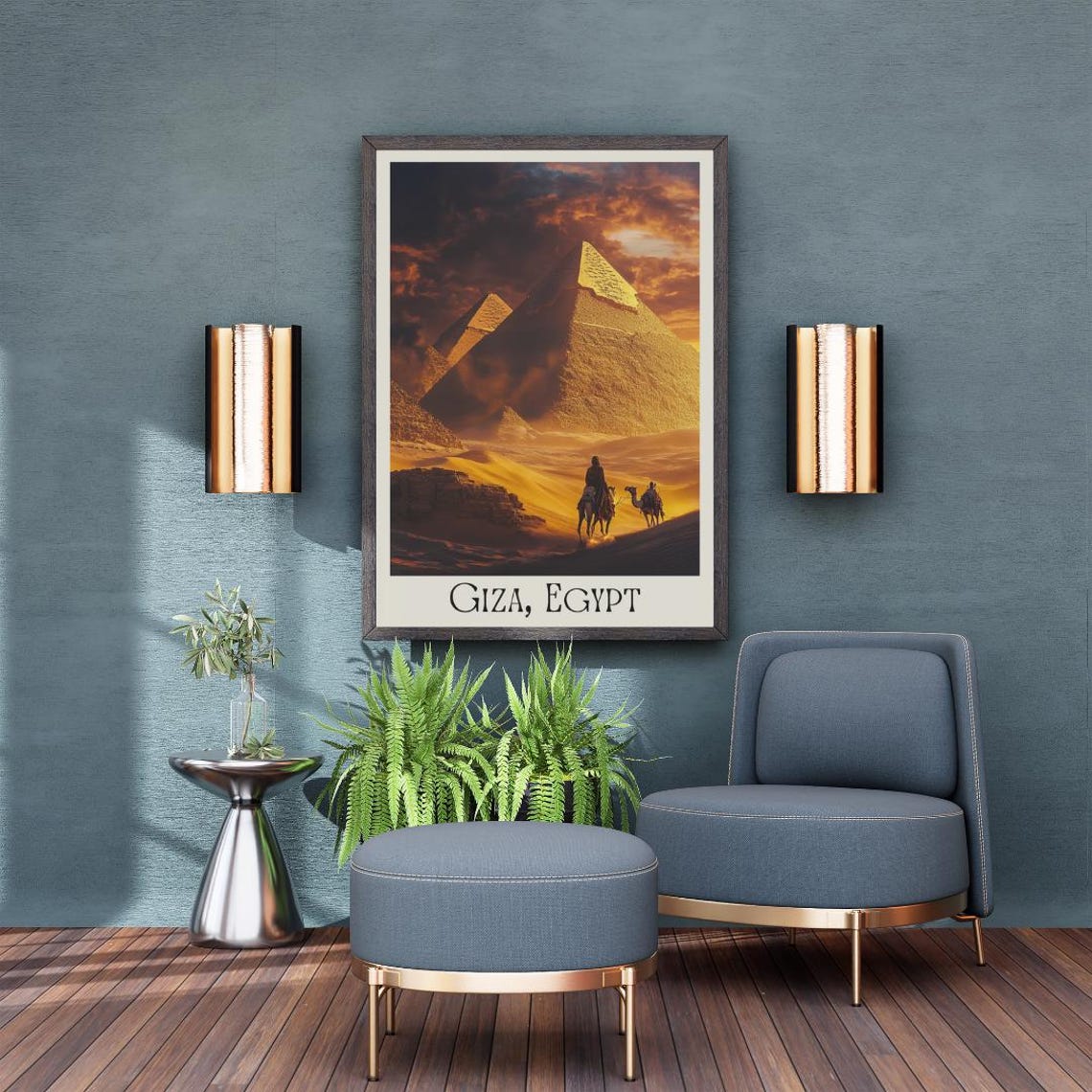 Giza Egypt Poster with Great Pyramids and Camel Caravan at Sunset - Image 5