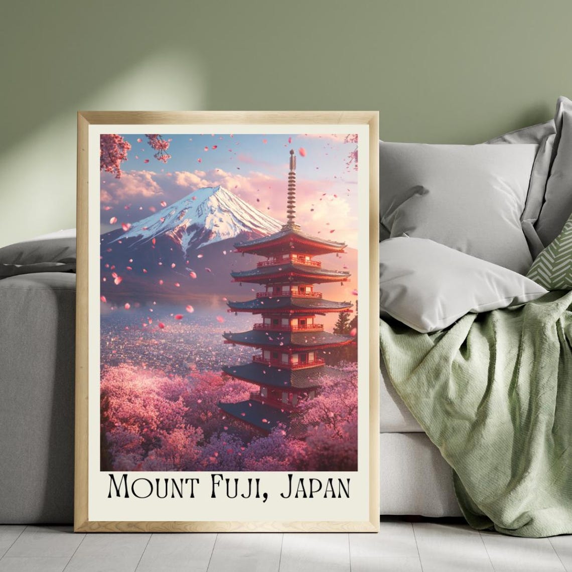 Mount Fuji Japan Poster with Red Pagoda Amid Cherry Blossoms