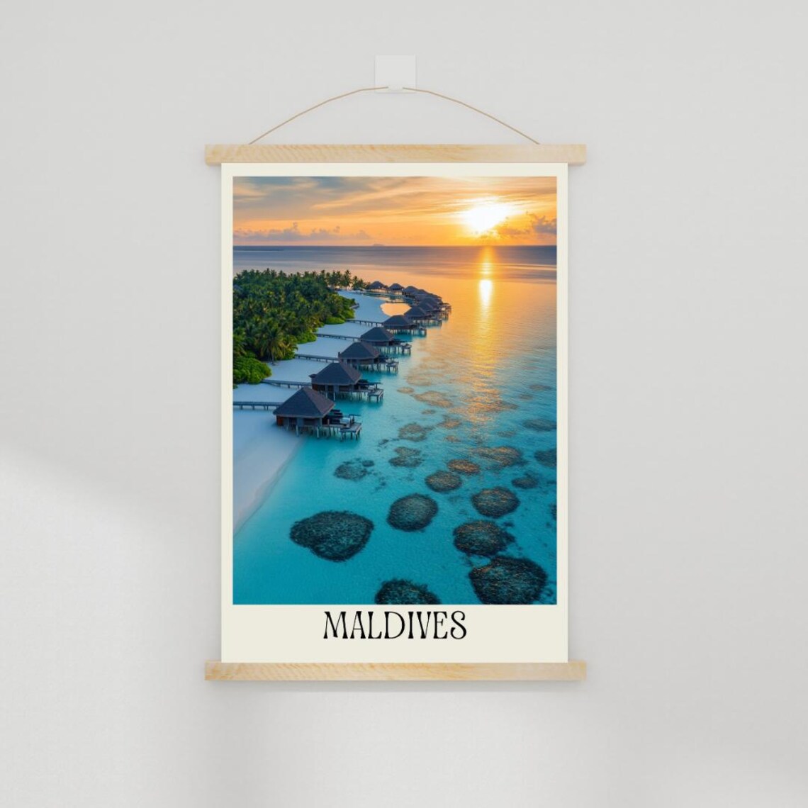 Maldives Travel Poster with Overwater Bungalows at Golden Sunset - Image 2