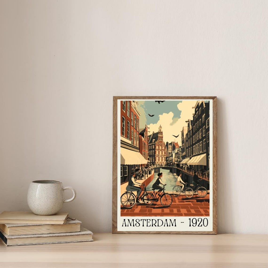 Amsterdam 1920 Poster with Canal Cyclists and Brick Buildings - Image 4