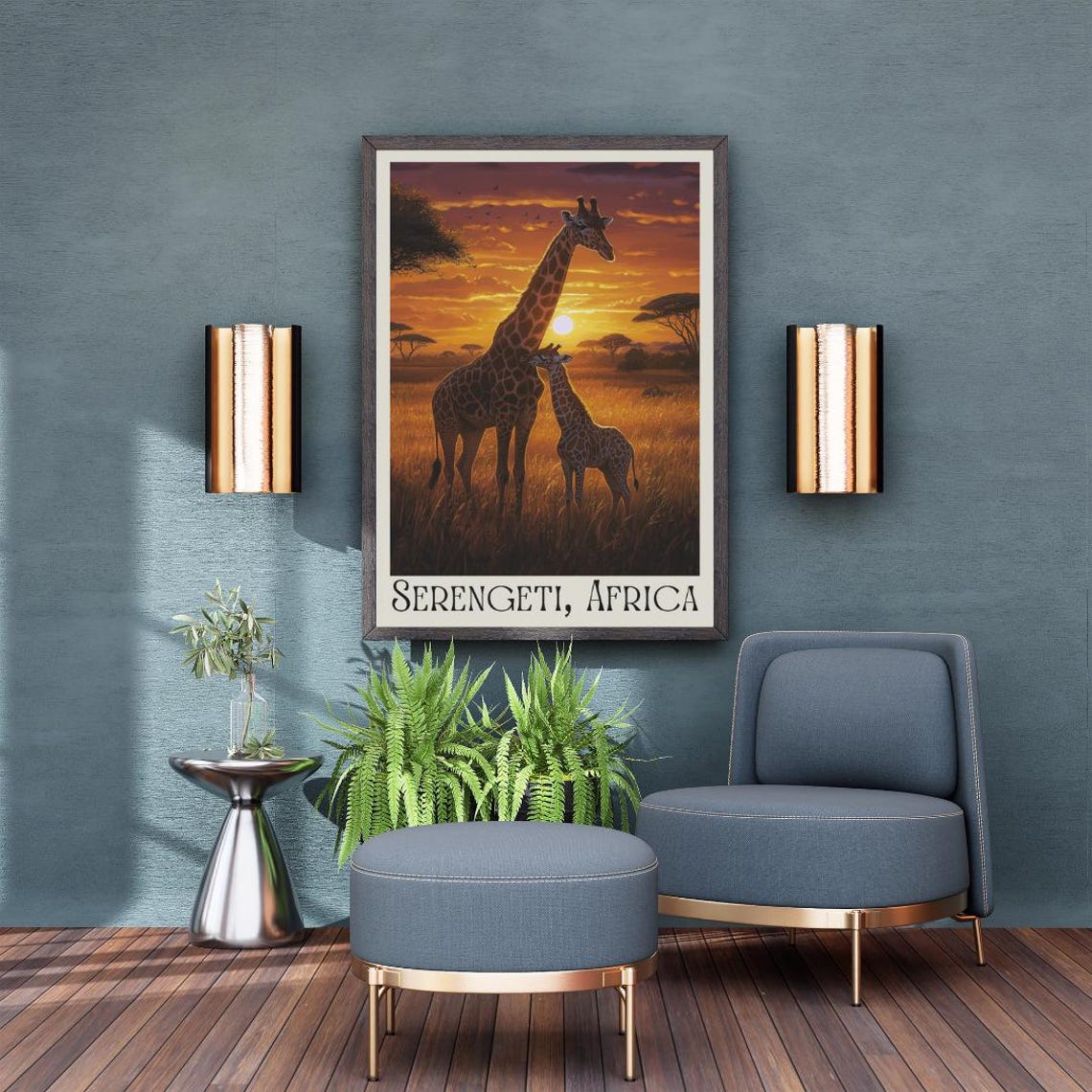 Serengeti Africa Poster with Giraffe Mother and Calf at Sunset - Image 3
