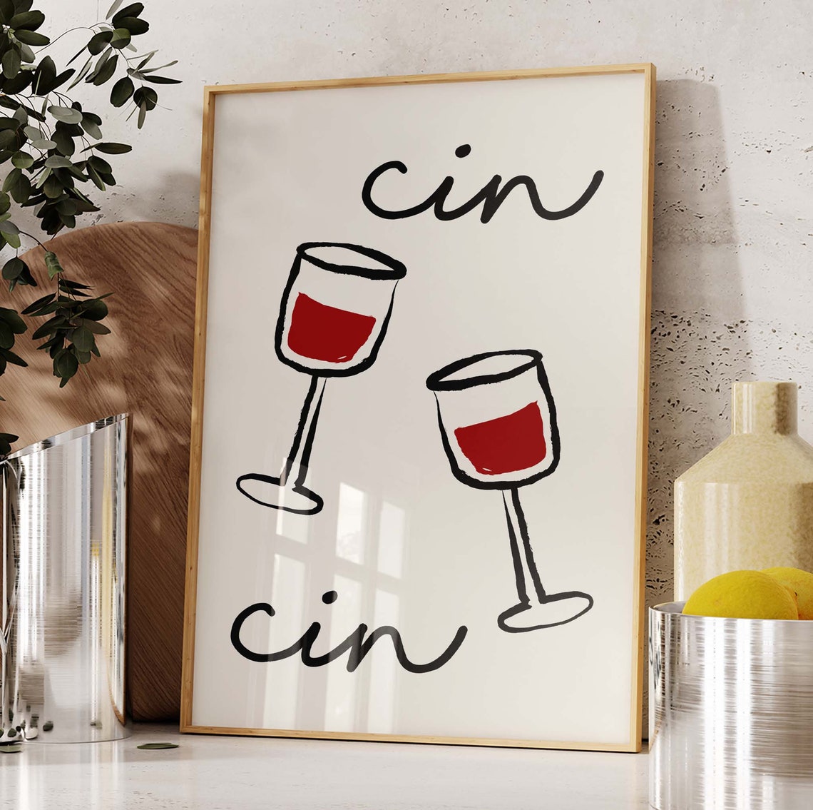 Cin Cin Wine Glasses Minimalist Red Black Line Art Bar Poster - Image 2