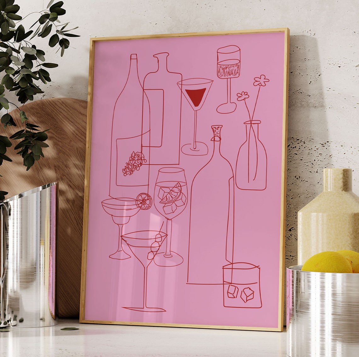 Pink Cocktail Bar Line Art Martini Glass Kitchen Decor Wall Art - Image 3