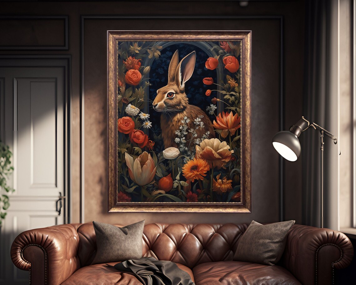 Brown Hare Portrait Among Dark Romantic Flowers Vintage Style Poster - Image 4