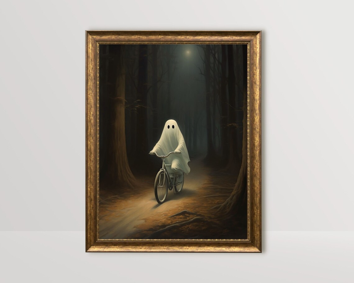 Cute Ghost Riding A Bike Through A Dark Moonlit Forest Art Print