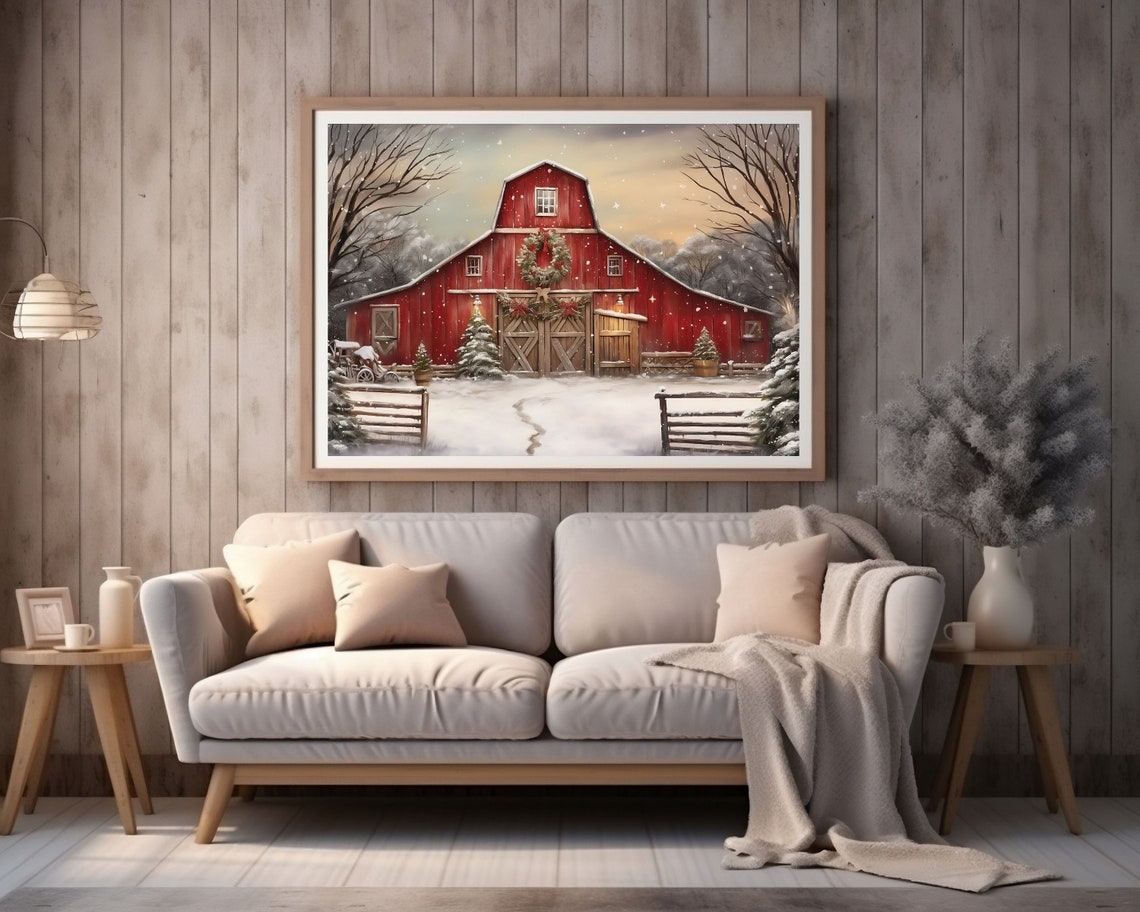 Christmas Farm Red Barn, Rustic Holiday Poster Print - Image 3