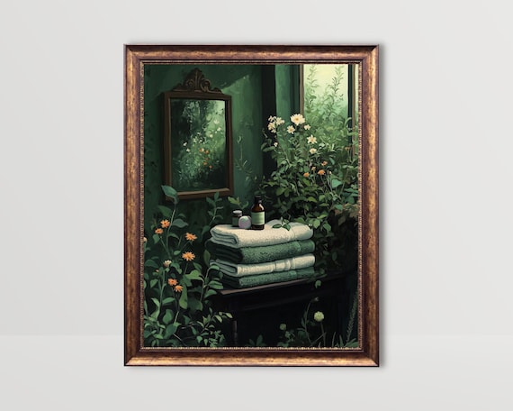 Botanical Wildflowers Bathroom Wall Art Print, Dark Green