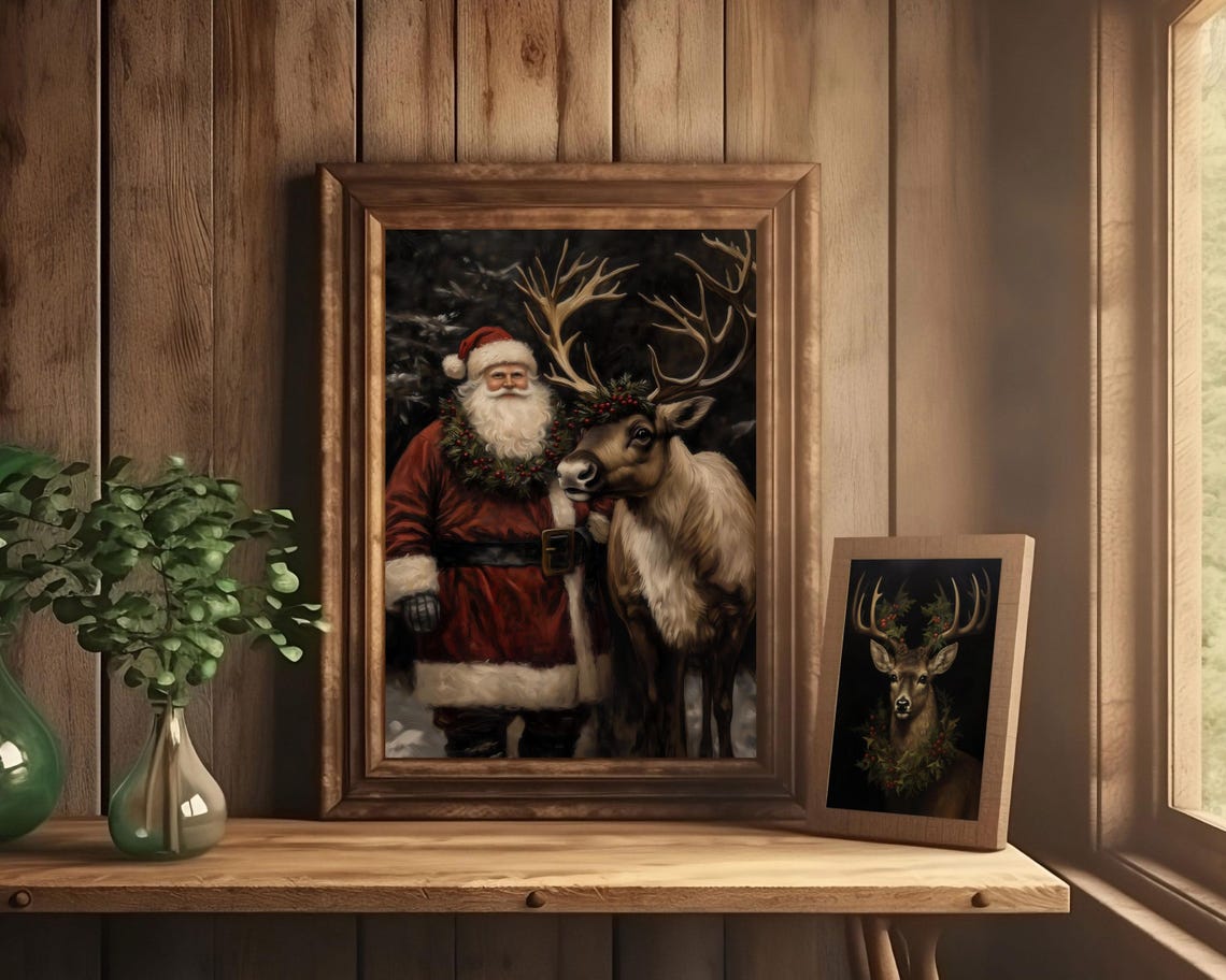 Vintage Santa Reindeer Christmas Wall Art Print - Image 3