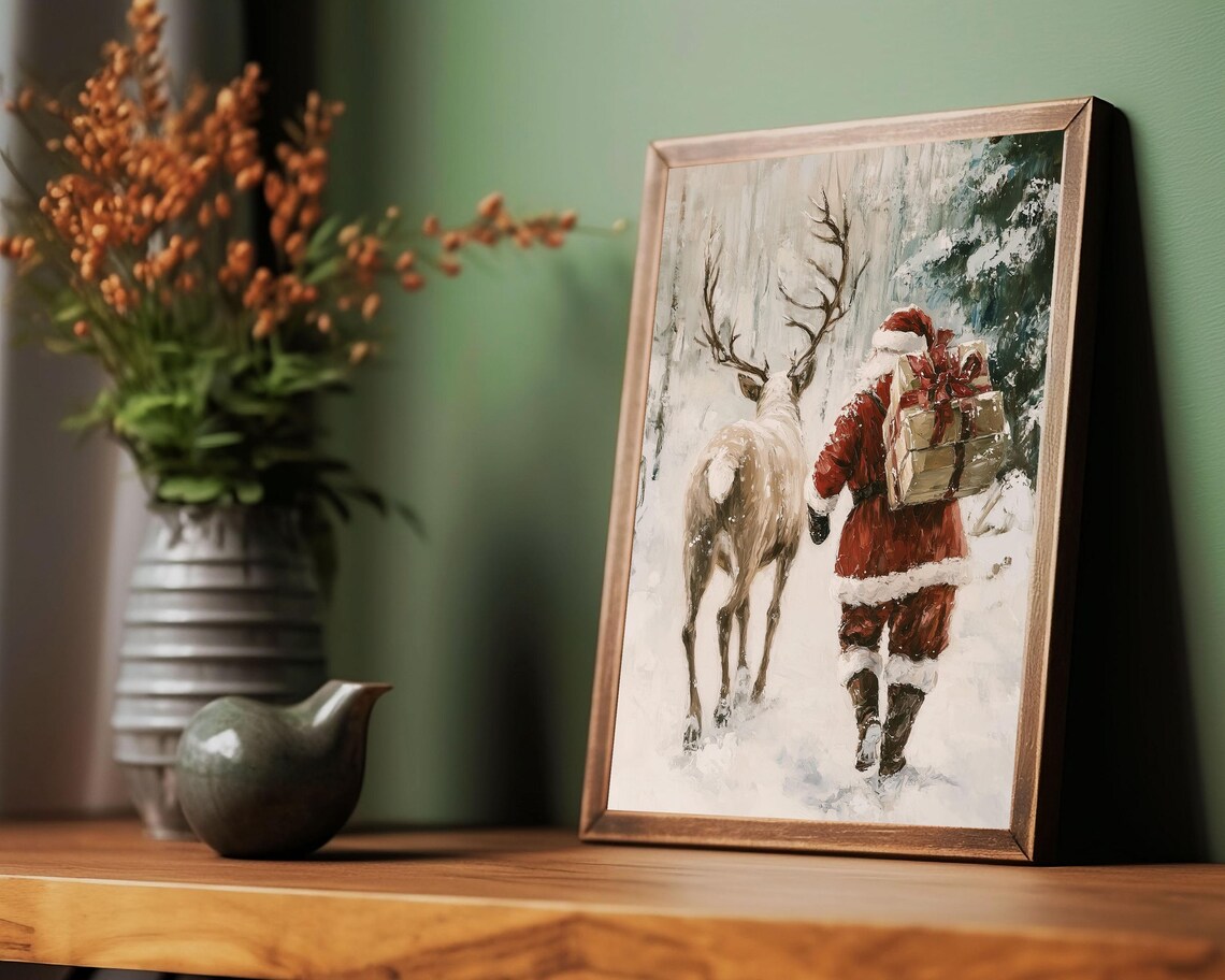Vintage Santa With Reindeer Christmas Art Print - Image 3