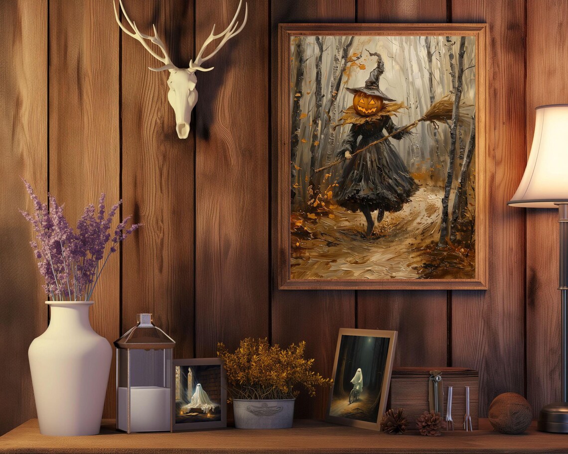Pumpkin Head Witch With Broom Walking An Autumn Birch Forest Poster - Image 2