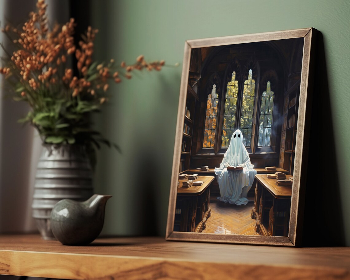 Cute Little Ghost Reading A Book In A Dark Gothic Library Print - Image 2