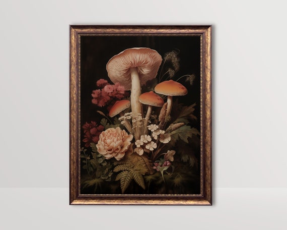 Dark Floral Mushrooms Cottagecore Botanical Art Print