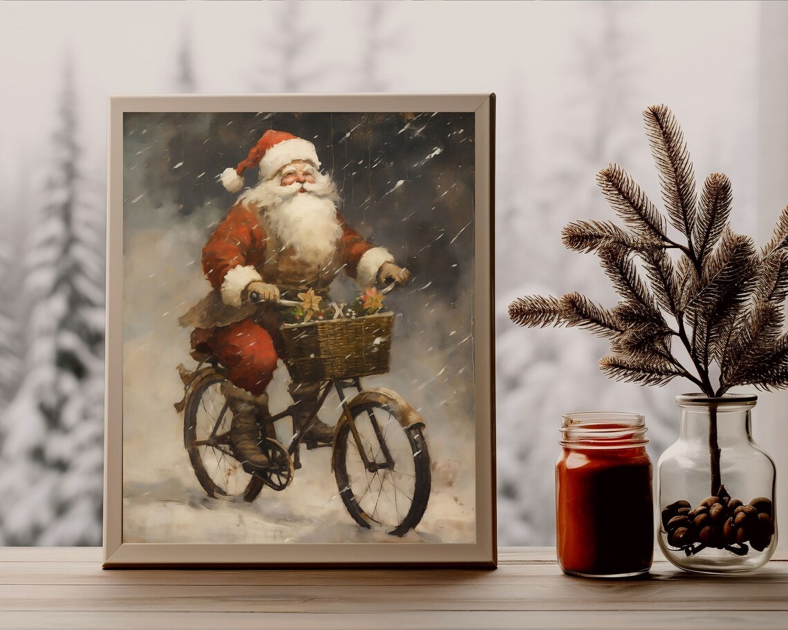 Santa on a Bike, Rustic Vintage Christmas Art Print - Image 3