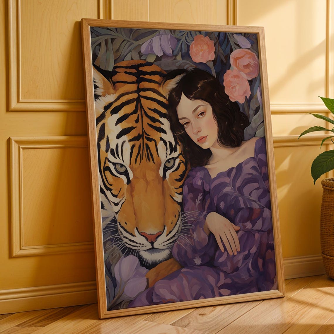 Bold Tiger And Woman Floral Art Purple Botanical Wall Decor Boho Portrait For Bedroom Or Gallery