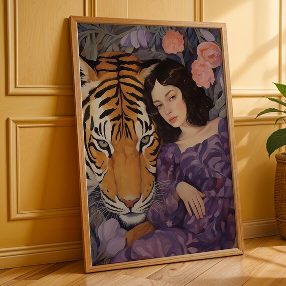 Bold Tiger And Woman Floral Art Purple Botanical Wall Decor Boho Portrait For Bedroom Or Gallery
