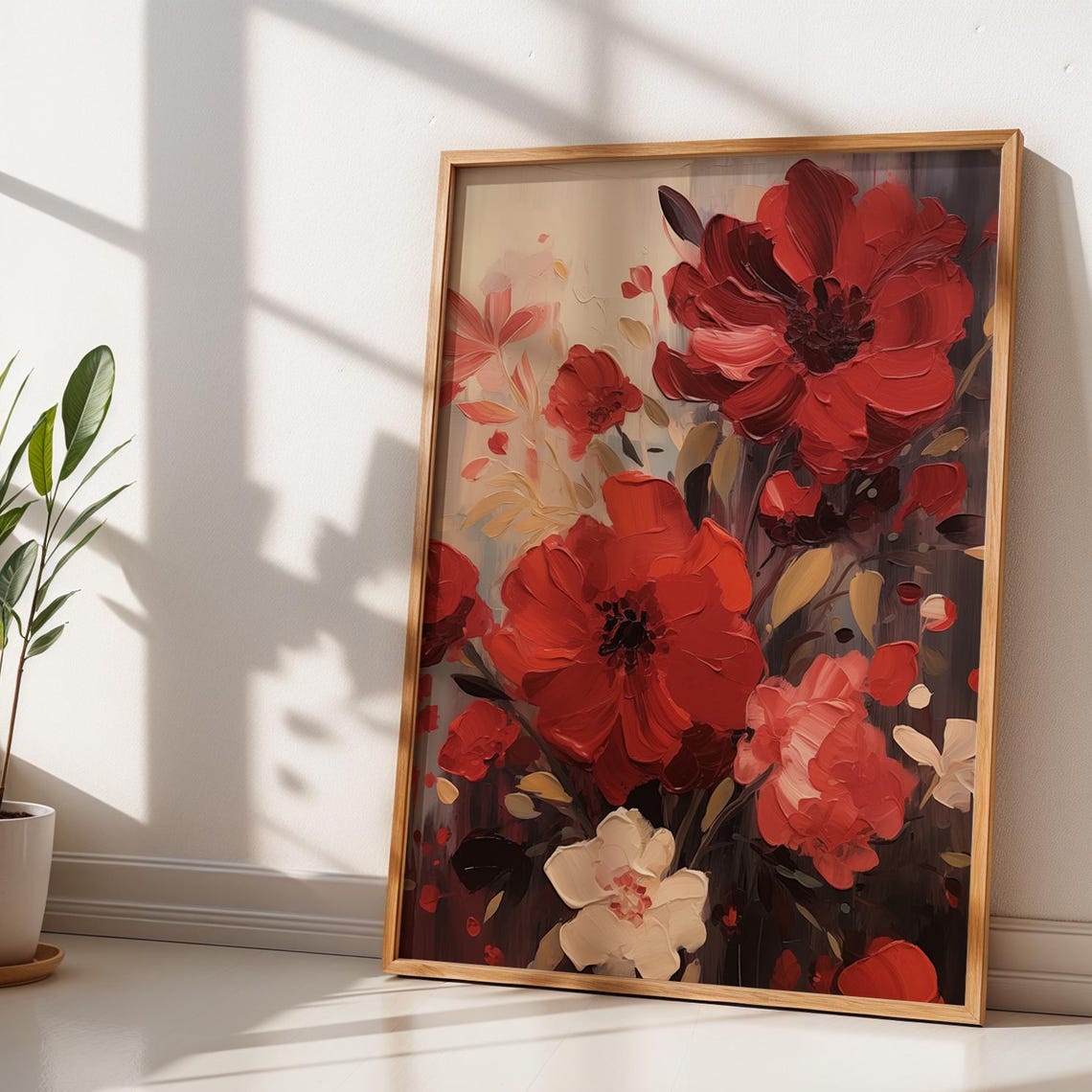 Bold Red Impressionist Floral Painting Romantic Bedroom Poster