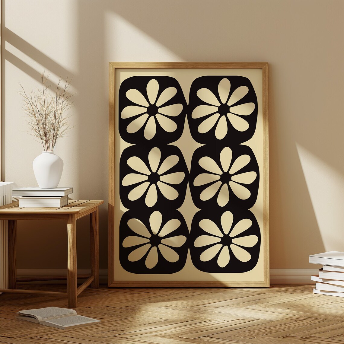 Black Cream Retro Flower Tiles Bold Graphic Wall Poster for Bedroom Walls