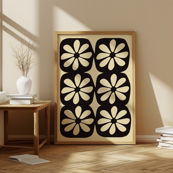 Black Cream Retro Flower Tiles Bold Graphic Wall Poster for Bedroom Walls