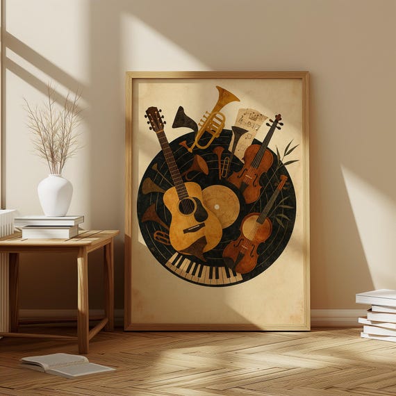 Vintage Music Instruments Vinyl Art Print Guitar Violin Piano