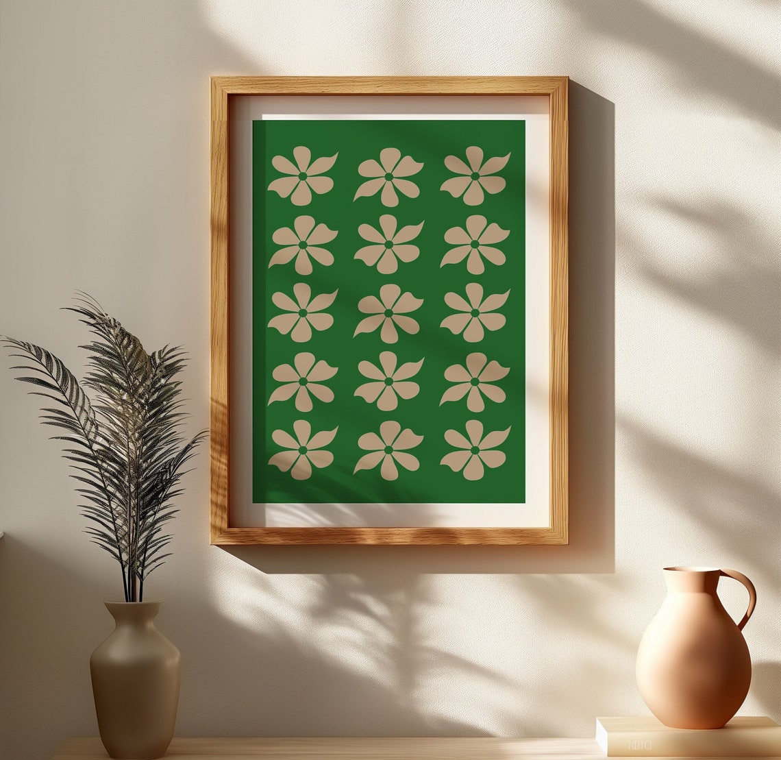Green Retro 70s Flower Grid Pattern Poster With Cream Daisies