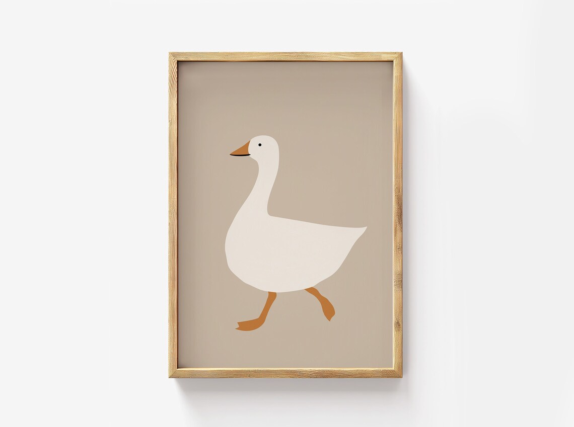 Minimalist White Goose Walking Beige Nursery Farm Animal Poster