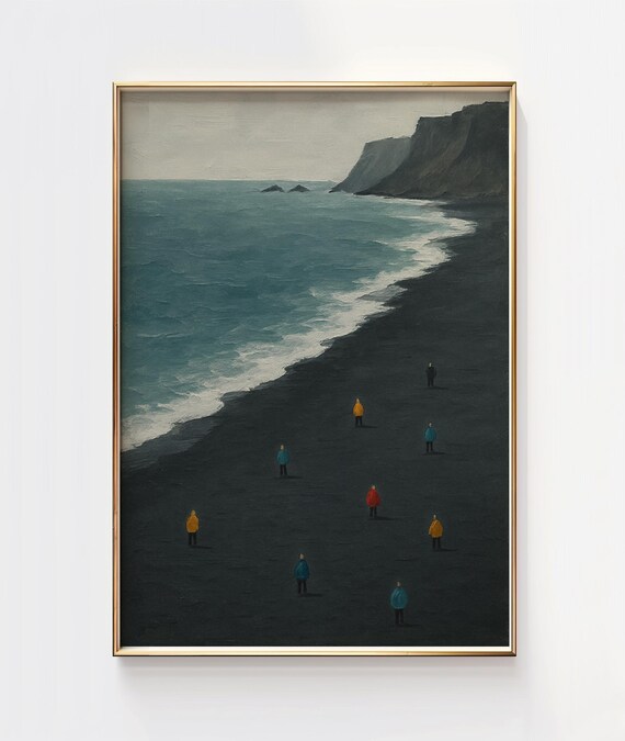 Moody Black Sand Beach Tiny Figures Minimalist Coastal Poster