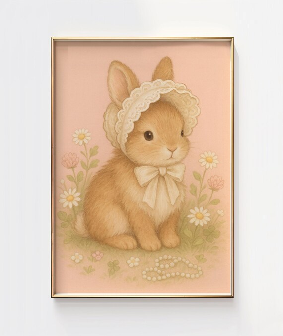 Sweet Vintage Bunny in Lace Bonnet Pastel Nursery Art Poster