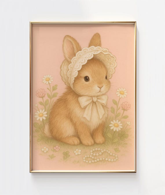Vintage Bunny Nursery Print Pastel Animal Wall Art