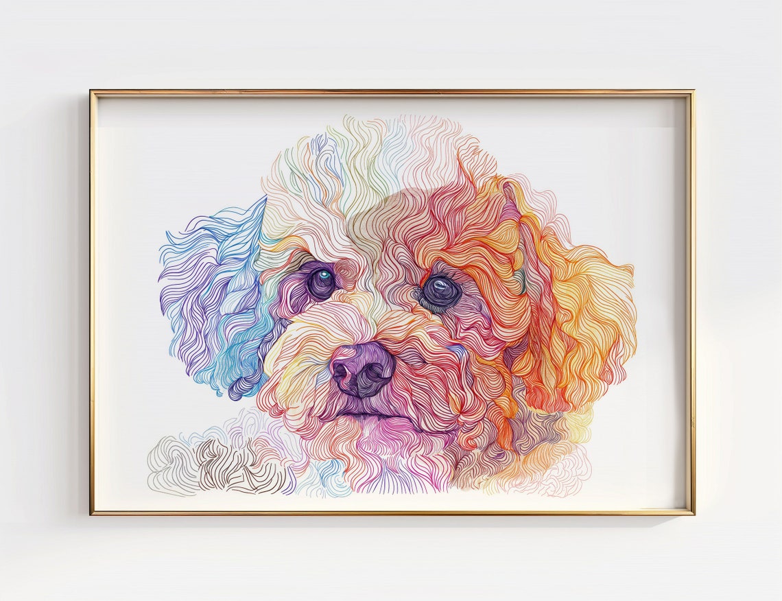 Bichon Frise Rainbow Line Art Colorful Wavy Dog Face Portrait Print