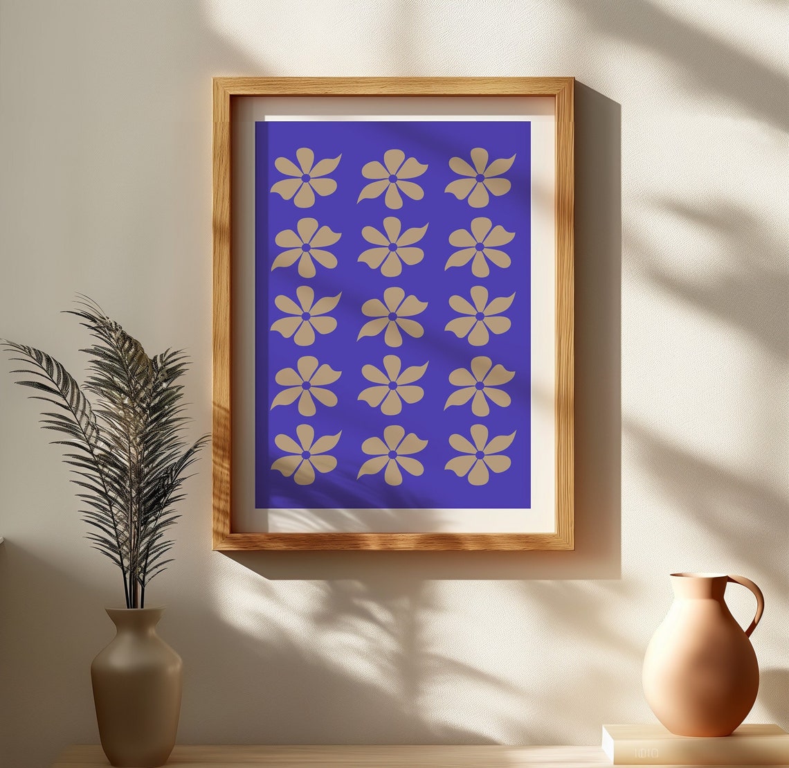 Retro Geometric Flower Pattern Cobalt Blue Mid Century Poster