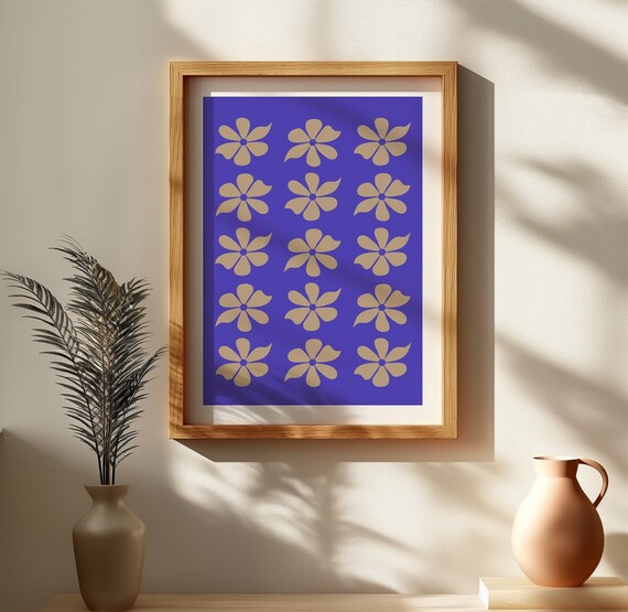 Retro Geometric Flower Pattern Cobalt Blue Mid Century Poster